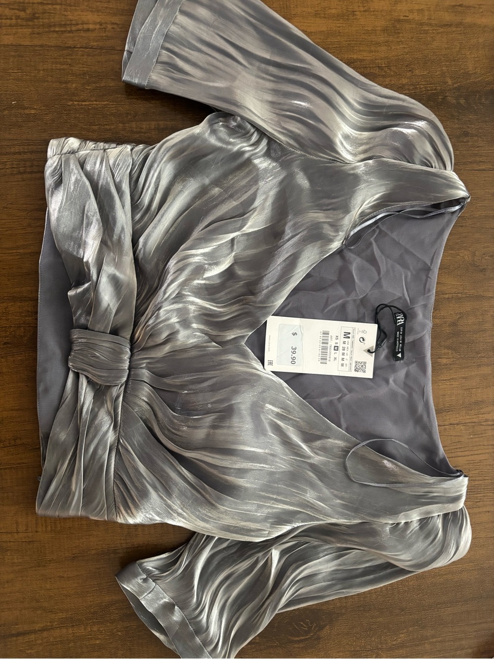 Metallic Gray Pleated Knot-Front Women's Top - Zara - M